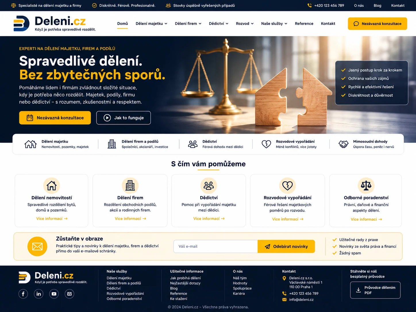 Ilustrační návrh webu Deleni.cz o rozdělení majetku v tmavě modré a zlaté